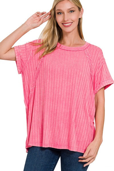 Hot Pink Ribbed Mineral Washed Stretchy Short Sleeved Top