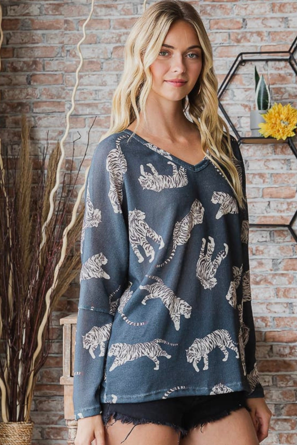 Easy Tiger V Neck Top in Charcoal