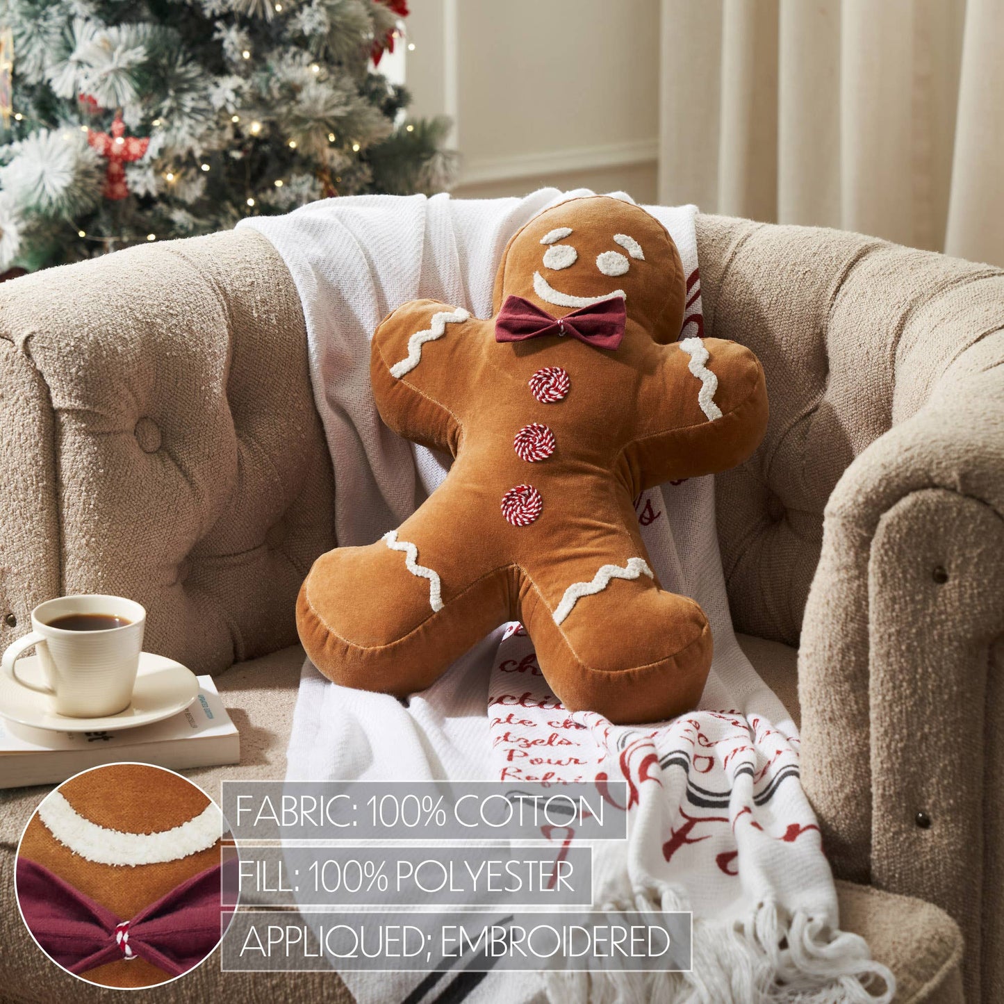 Gingerbread man plush toy on a couch with Christmas decorations in the background