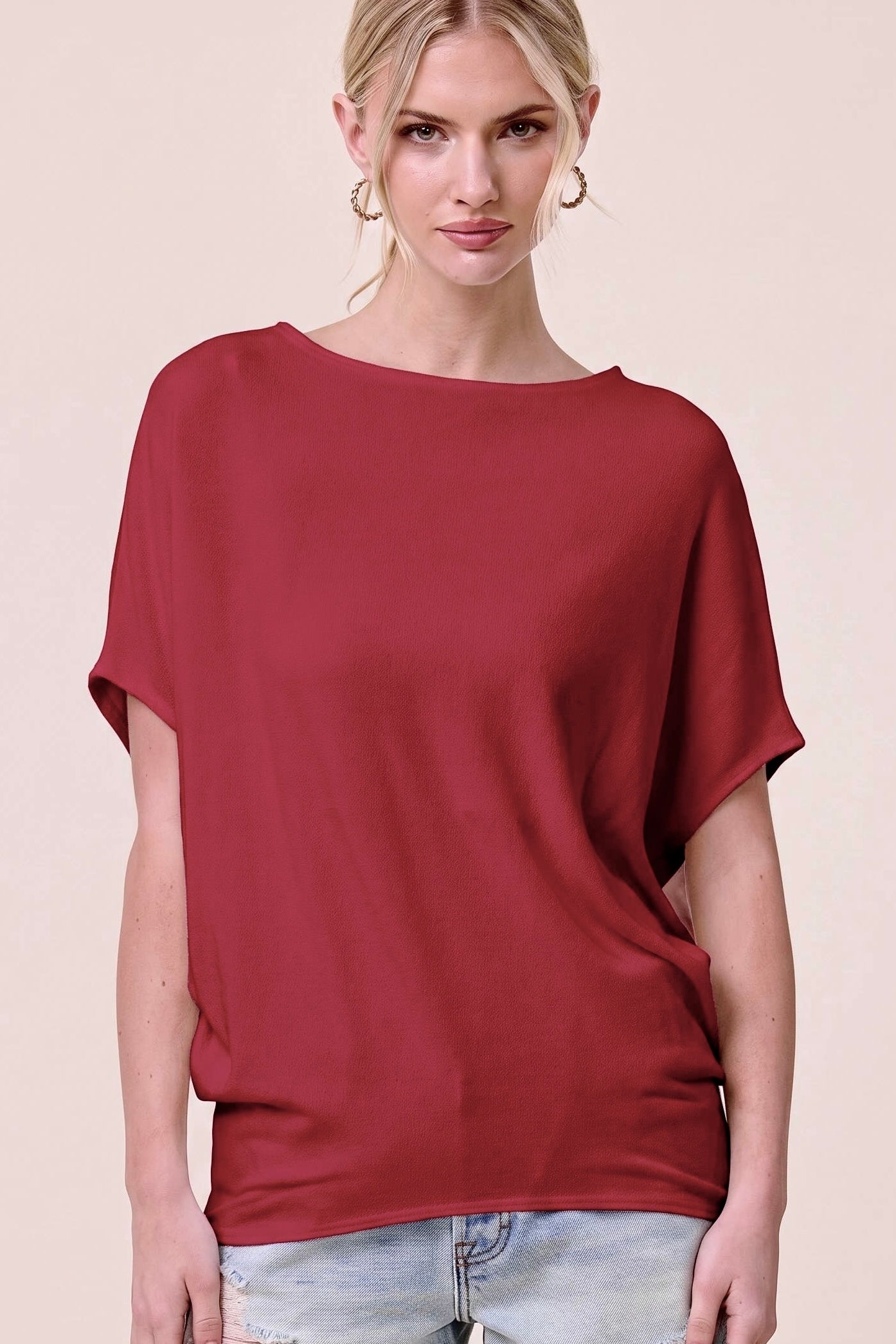 Charlotte Avery Wine Short Sleeve Crepe Hacci Oversized Dolman Top