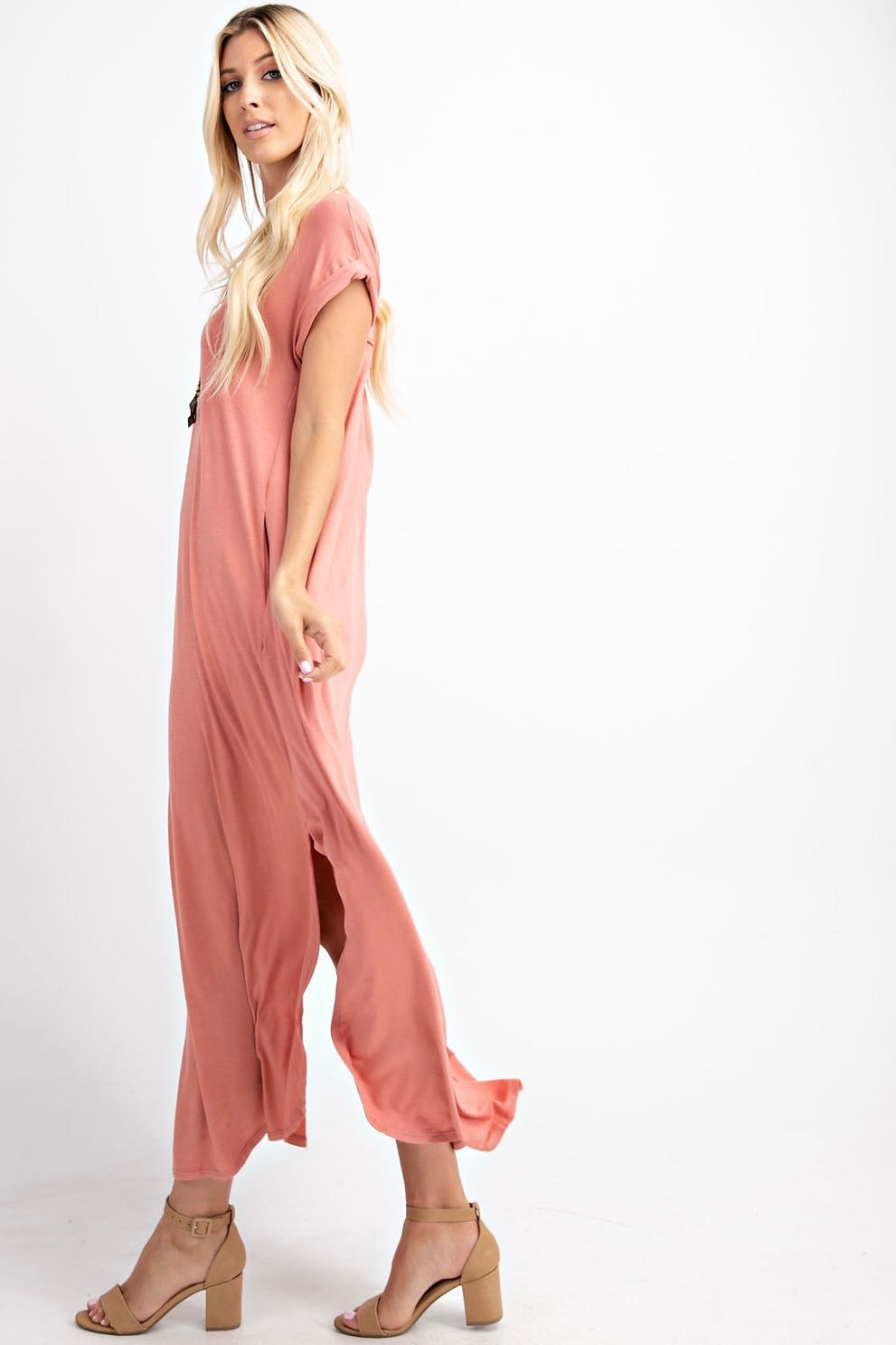 SALE! $20 Salmon Pink V Neck Maxi Dress with Pockets and Side Slits- reg. $32.99