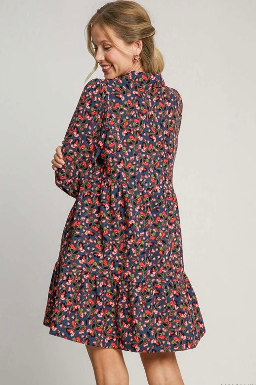 Umgee Navy Floral Long Sleeve Collared Dress with Ruffle Tiers and Side Pockets