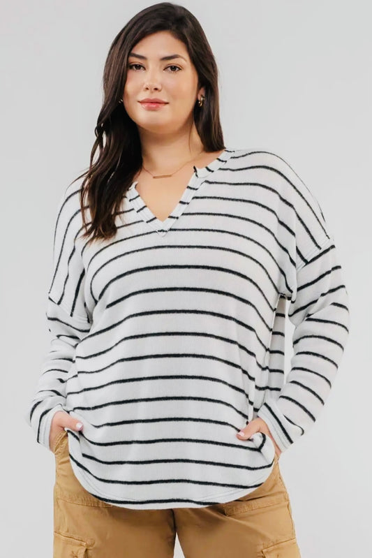 Perch Plus Long Sleeve Ivory Top with Black Stripes