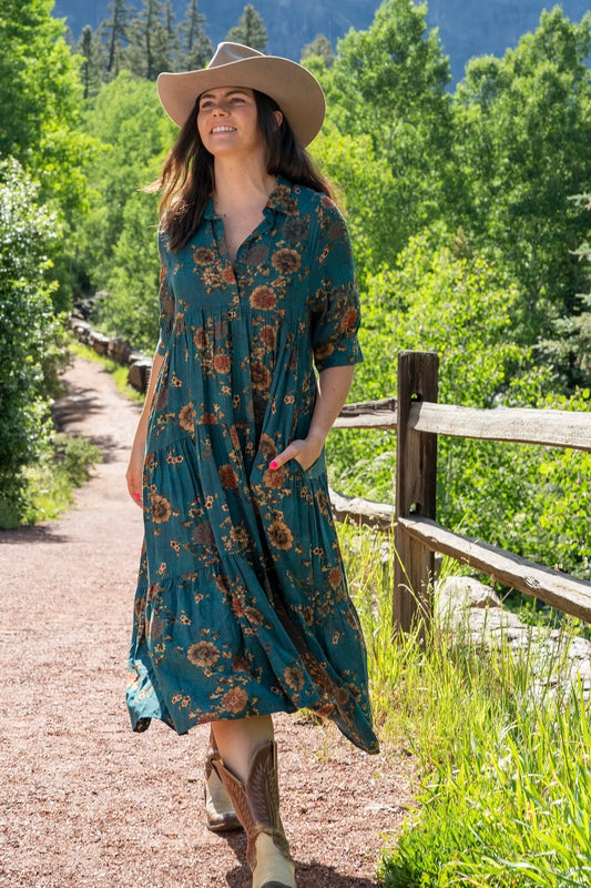 Natural Life Rebecca Midi Dress in Teal Orange Clusters