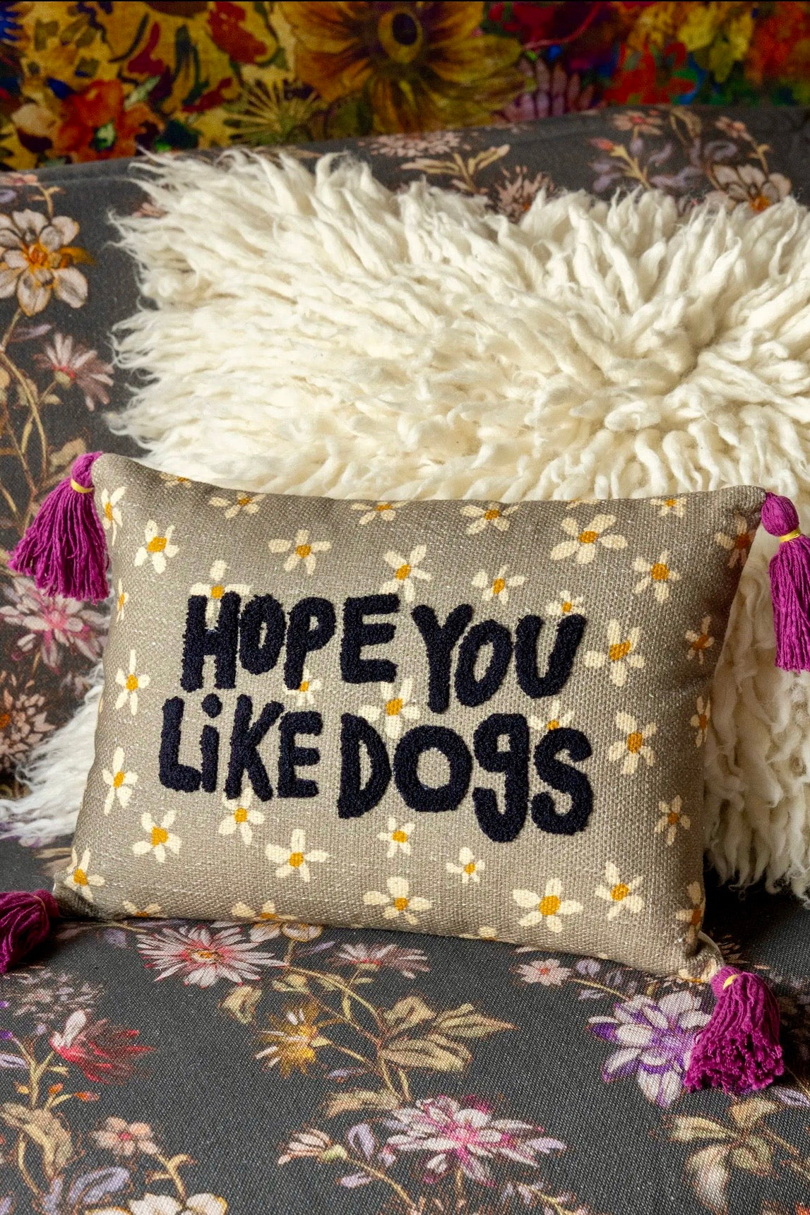 Natural Life Boho Cotton Tassel Pillow- Hope You Like Dogs