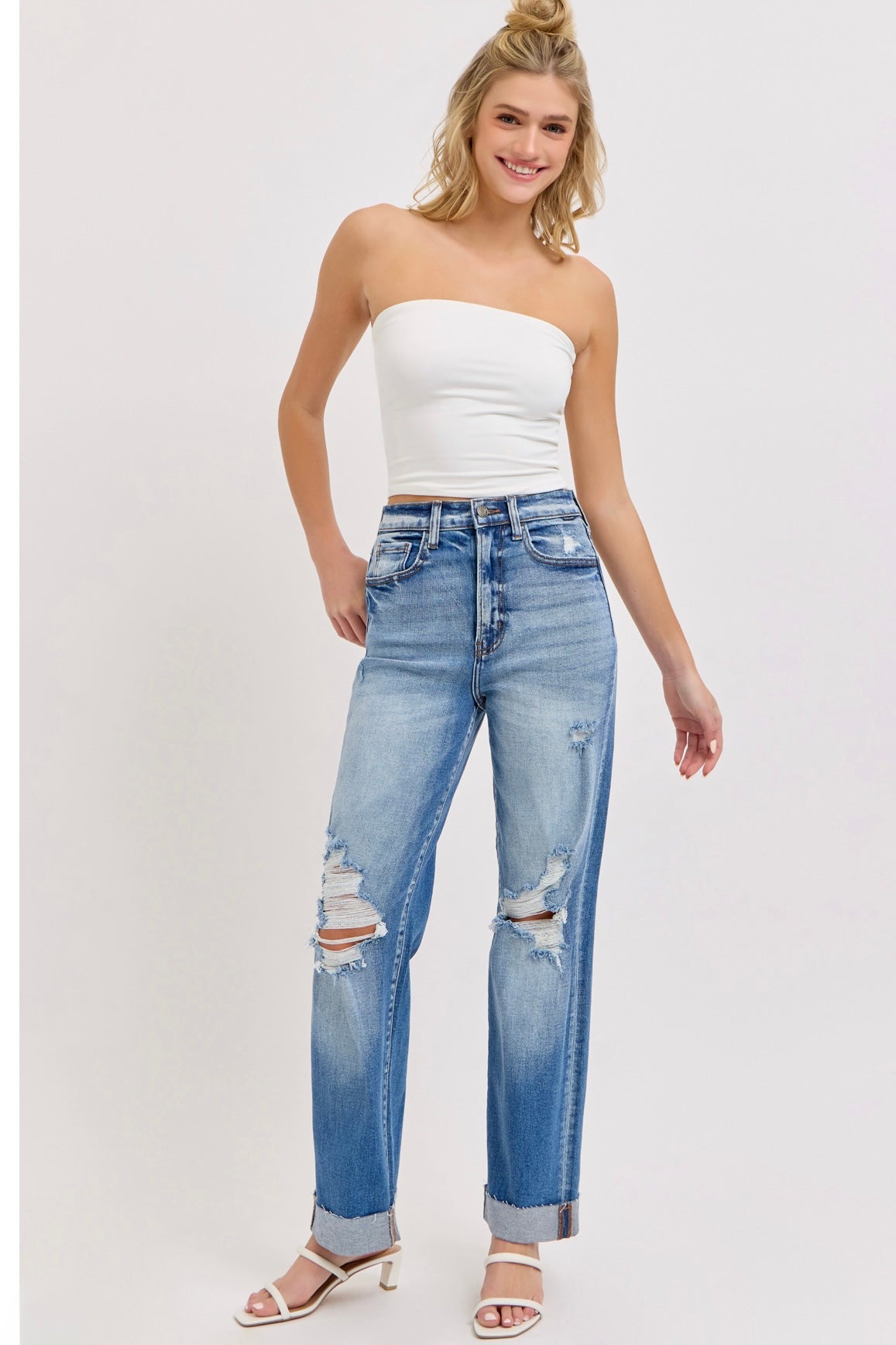 Cello Super High Rise Distressed Dad Jean in Medium Wash
