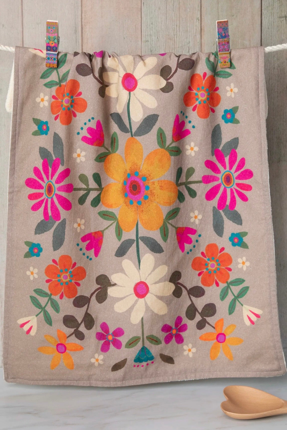 Natural Life Cotton Dish Towel- Taupe Folk Flowers