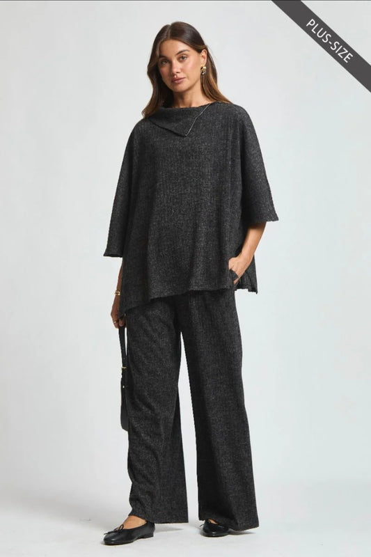 Dear Scarlet Vineyard Brushed Ribbed Poncho/Pants Set in Black