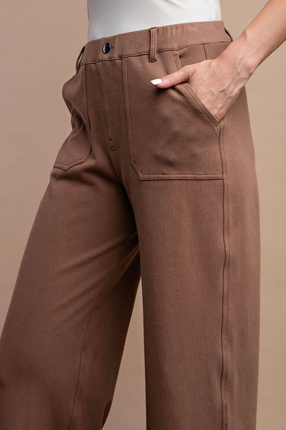 Mocha Brown Cotton Stretch Twill Wide Leg Pants