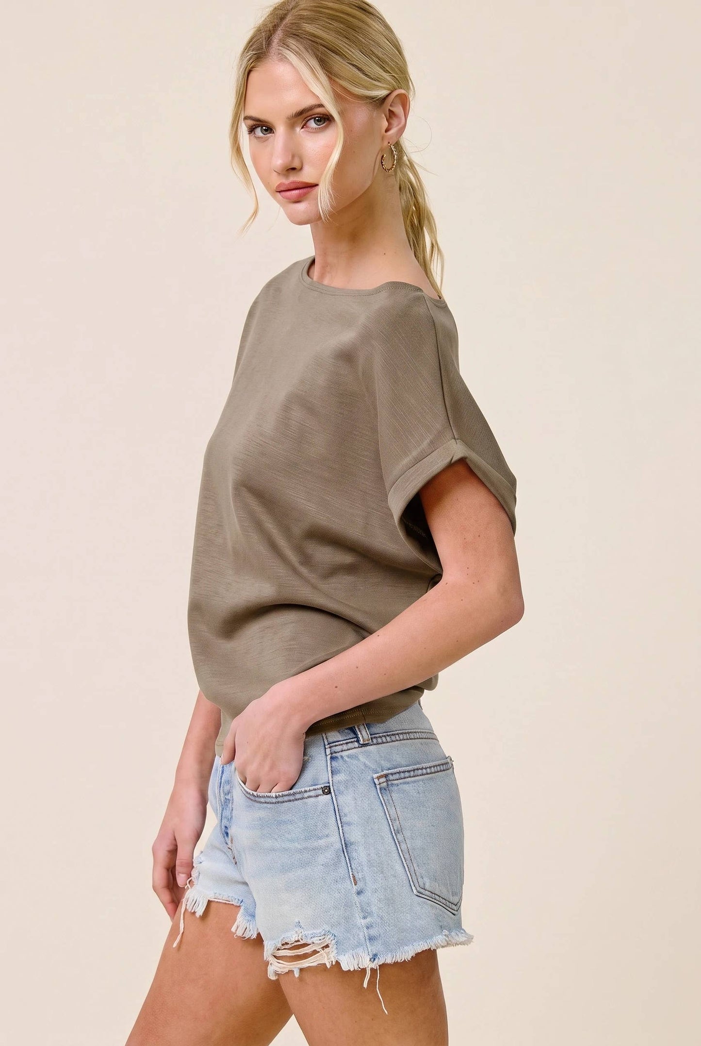 Charlotte Avery Olive Green Cuff Sleeve Dolman Scuba Top