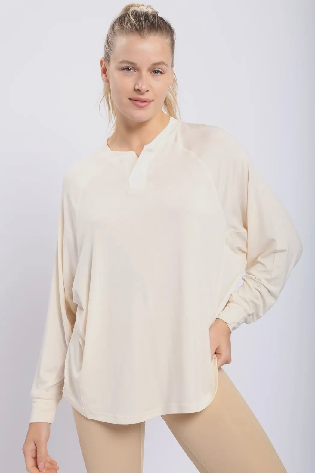 Ivory Tencel Butter Soft Long Sleeve Notched Flow Top