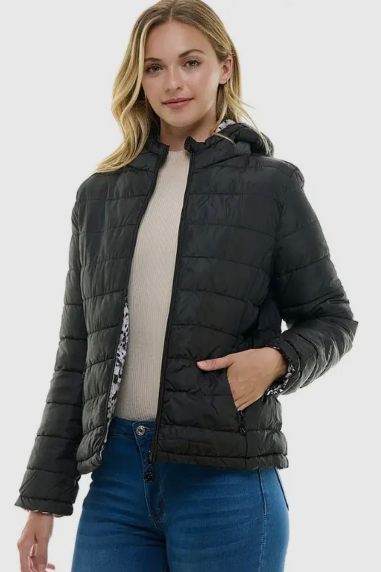 Reversible Puffer Jacket- Black with Animal Print