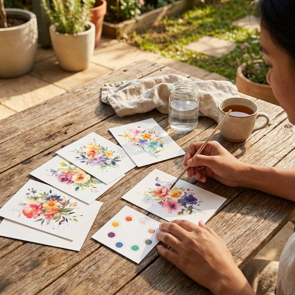 Person painting floral designs on watercolor paper outdoors with a cup of tea and water jar.