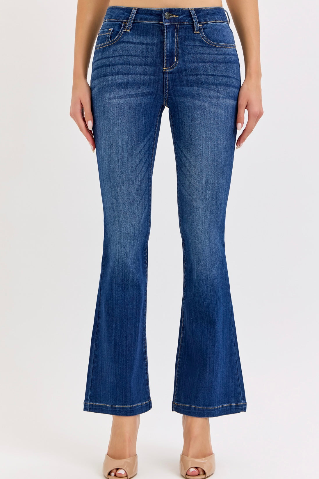 Cello Petite Mid Rise Flare Dark Wash Jeans