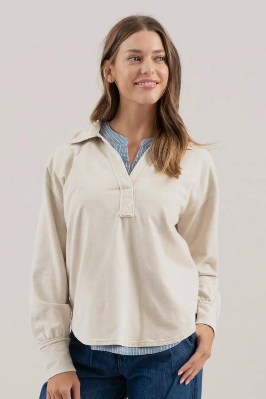 Cream Mineral Washed Collared V Neck Long Sleeve Top