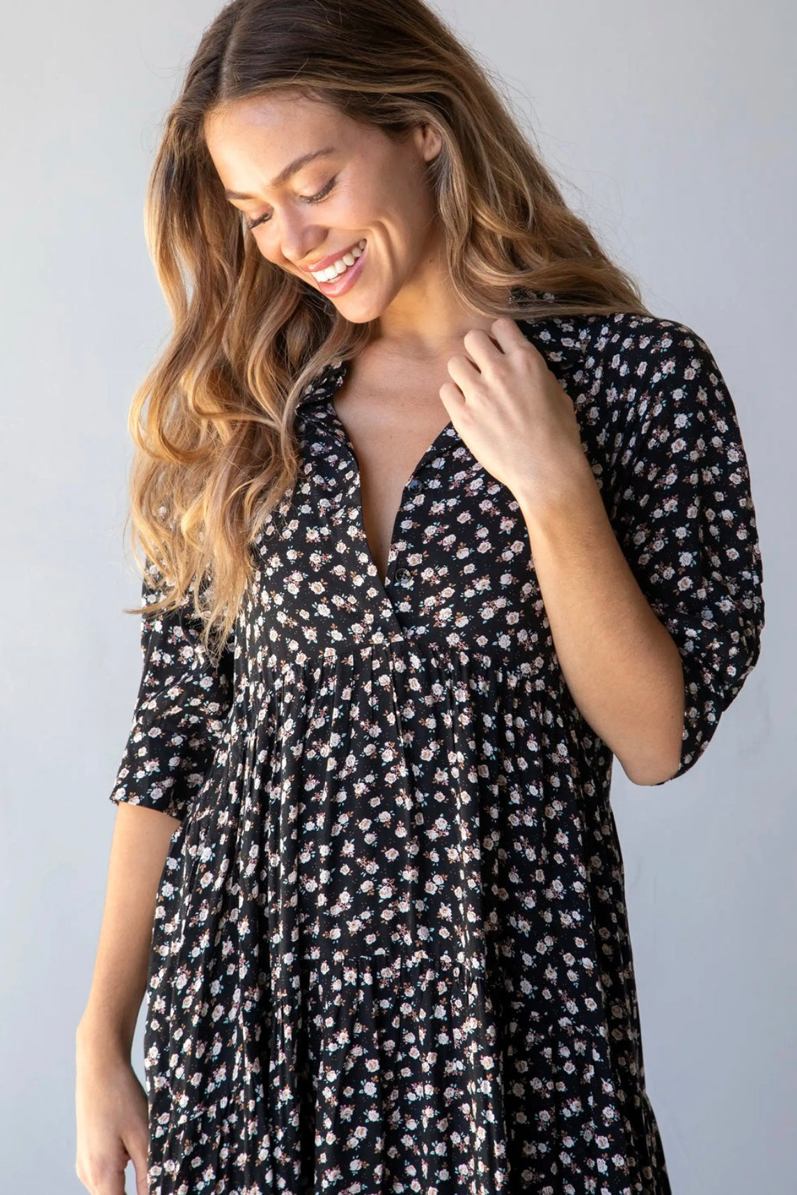 Rebecca Tiered Dress - Black Cream Roses, S Rebecca Tiered Dress - Black Cream Roses, S