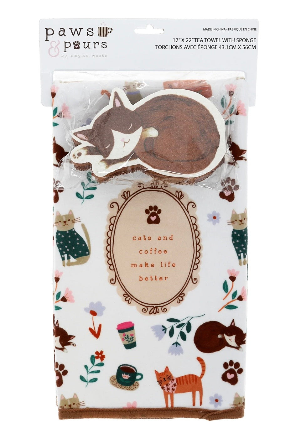 Cats & Coffee Tea Towel & Sponge Gift Set