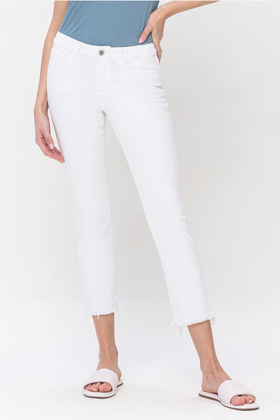 White Mid Rise Straight Stretch Jean with Frayed Hem