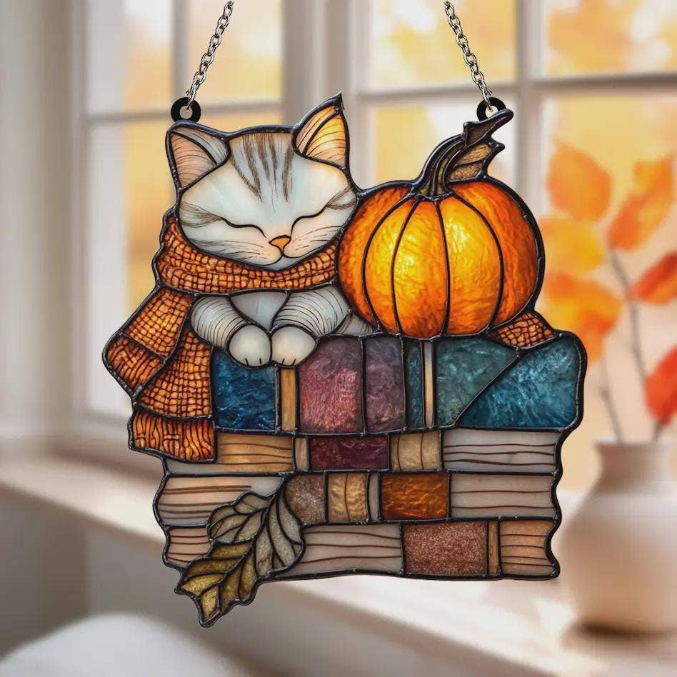 Autumn Cat with Fall Pumpkin Acrylic Window Hanging: 10x10"