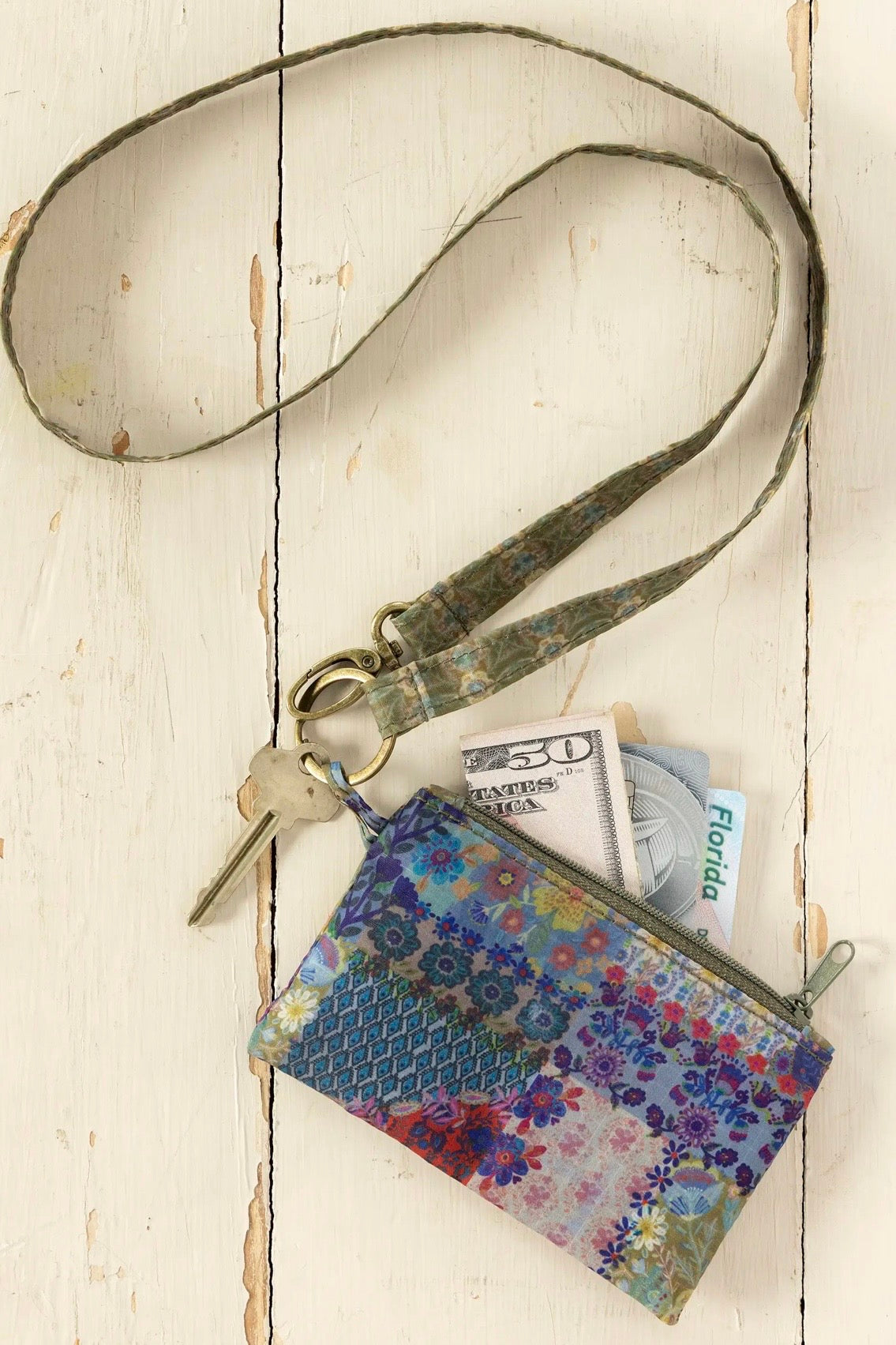 Natural Life Zip Pouch Lanyard- Blue Patchwork