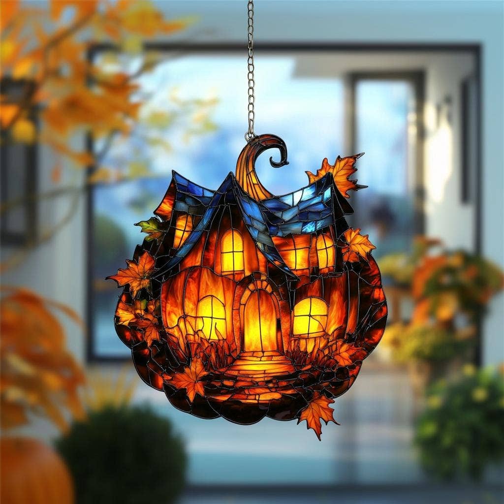 Pumpkin House Acrylic Window Hanging, Autumn Cottage Art: 12x12"