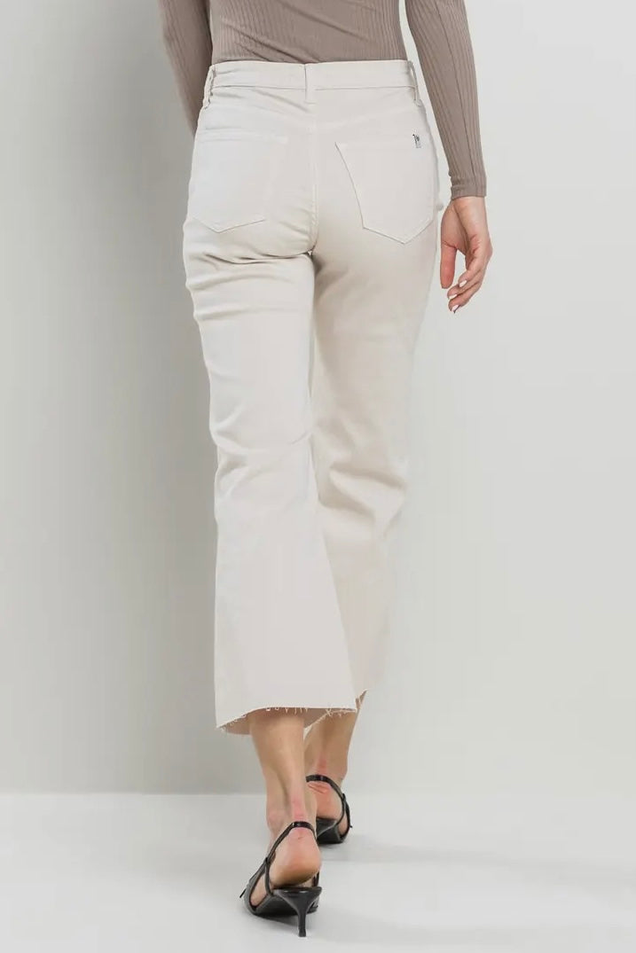 Winter White High Rise Cropped Kick Flare Jeans with Raw Cut Hem