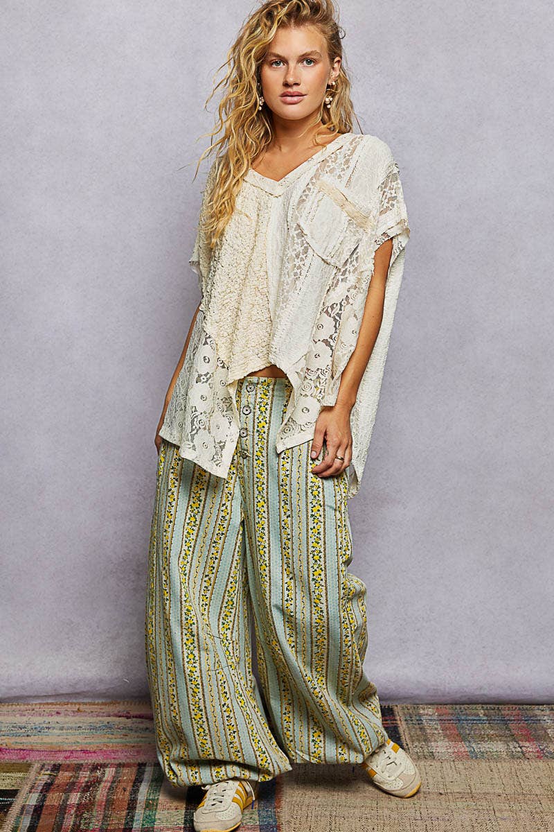 POL Patchwork Lace Oversized V-Neck Raw Edge Top in Natural