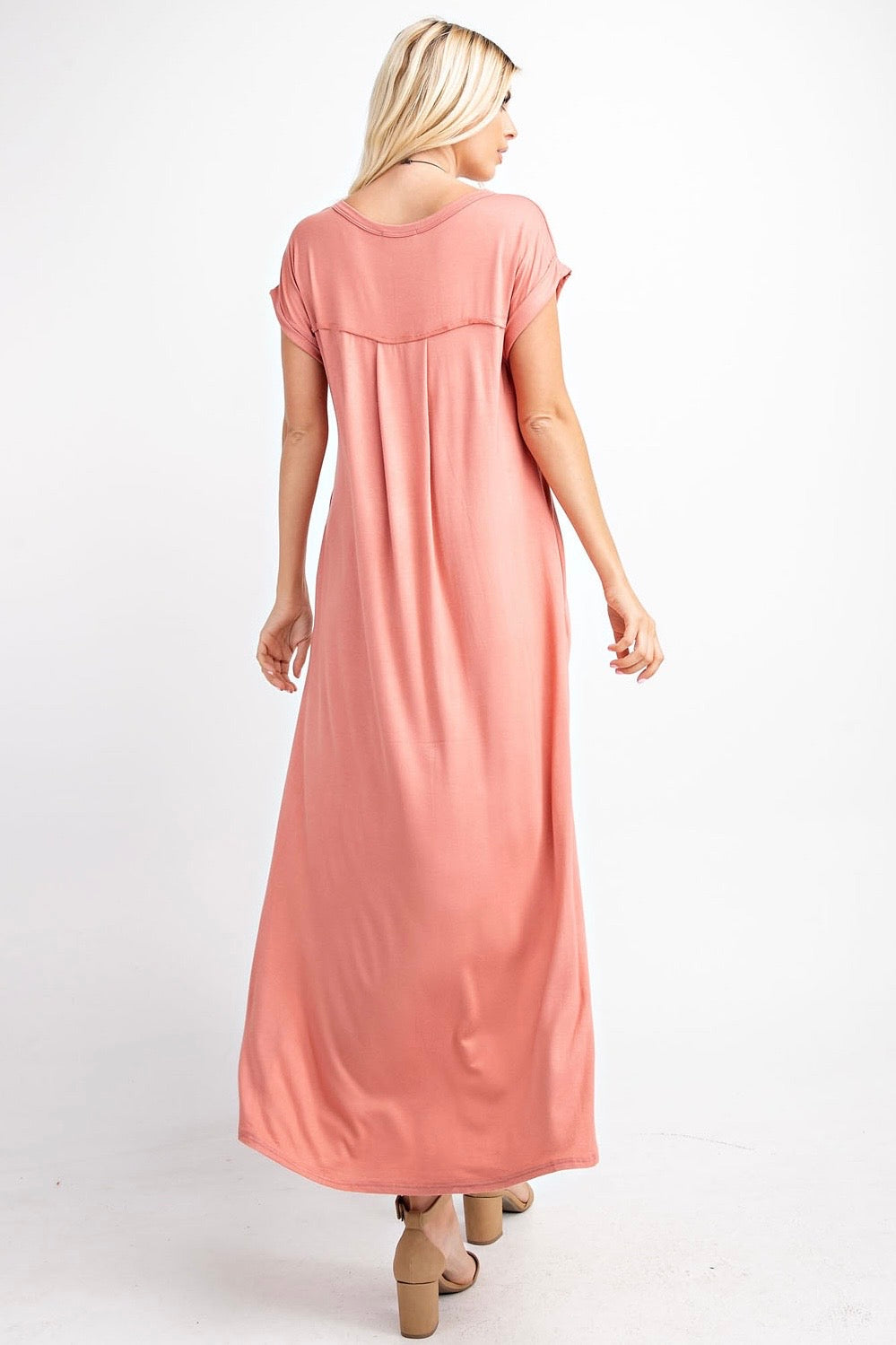 SALE! $20 Salmon Pink V Neck Maxi Dress with Pockets and Side Slits- reg. $32.99