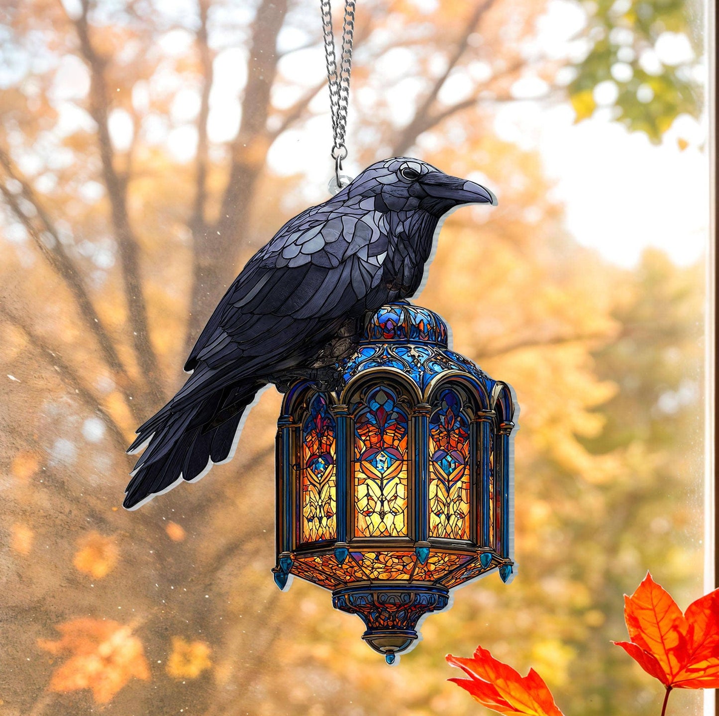 Halloween Gothic Raven On Lantern Acrylic Window Hanging: 10x10"