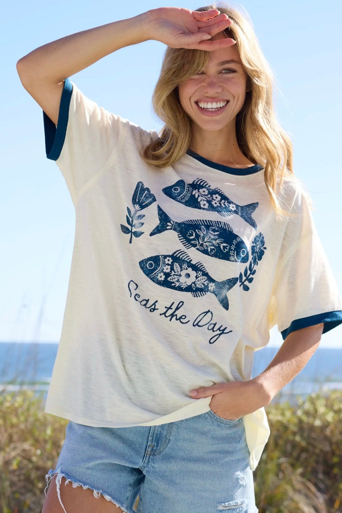 Natural Life Ringer Oversized Tee Shirt- Seas the Day Fish