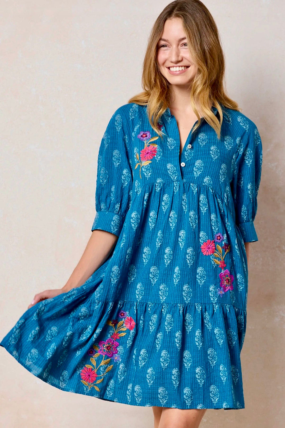 Natural Life Becca Embroidered Short Dress- Indigo
