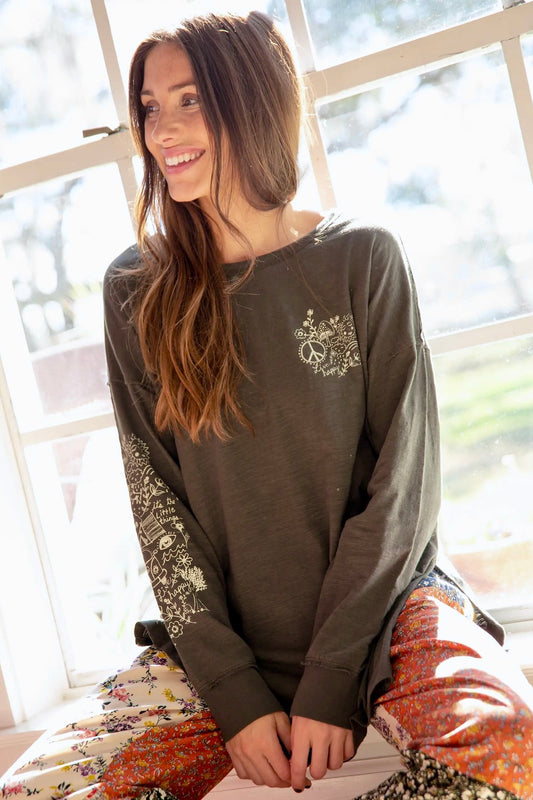 Natural Life Long Sleeve Cotton Doodle Tee - Charcoal