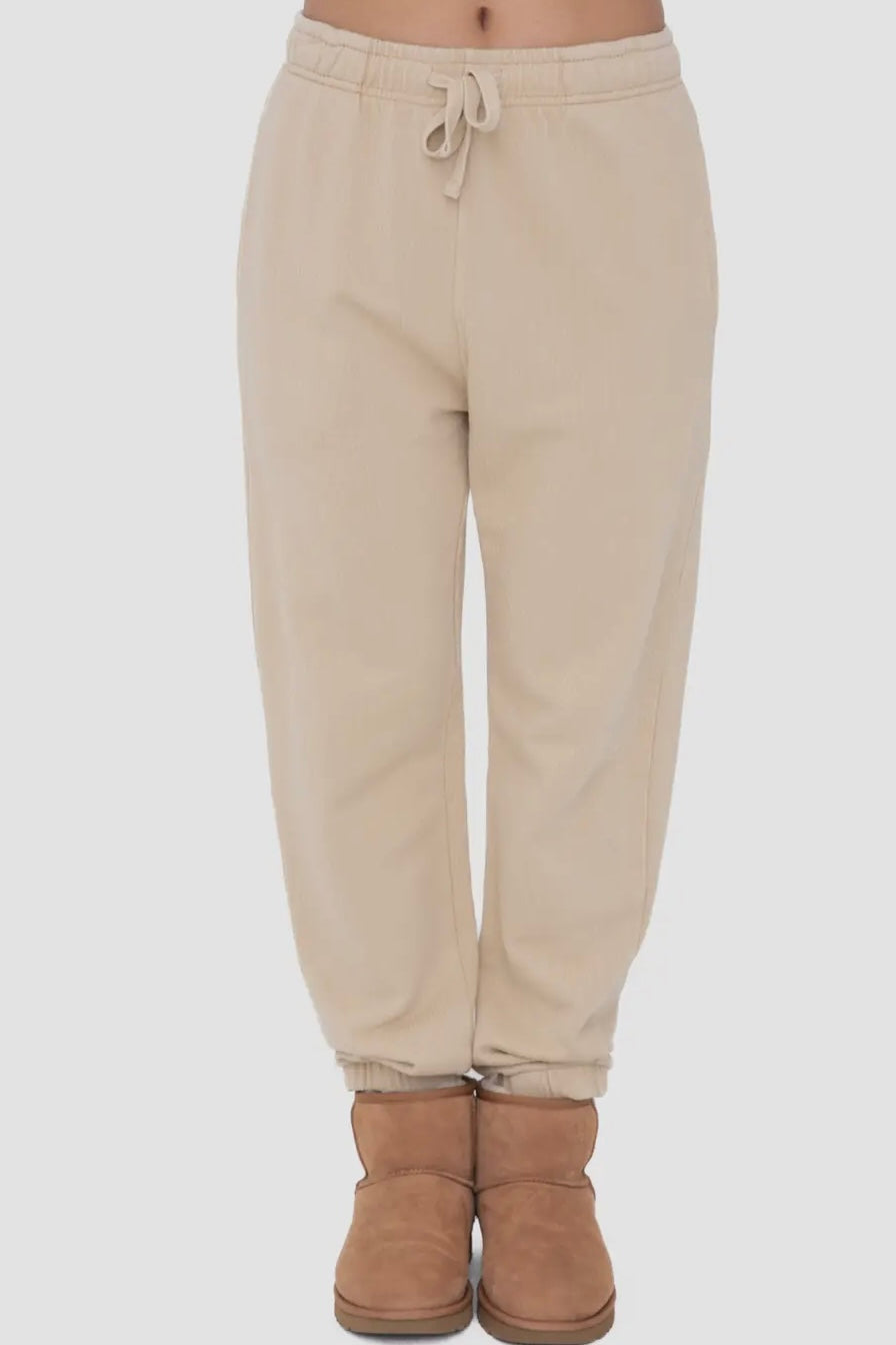 Beige Mineral Washed Billow Cuffed Ribbed Jogger Pants