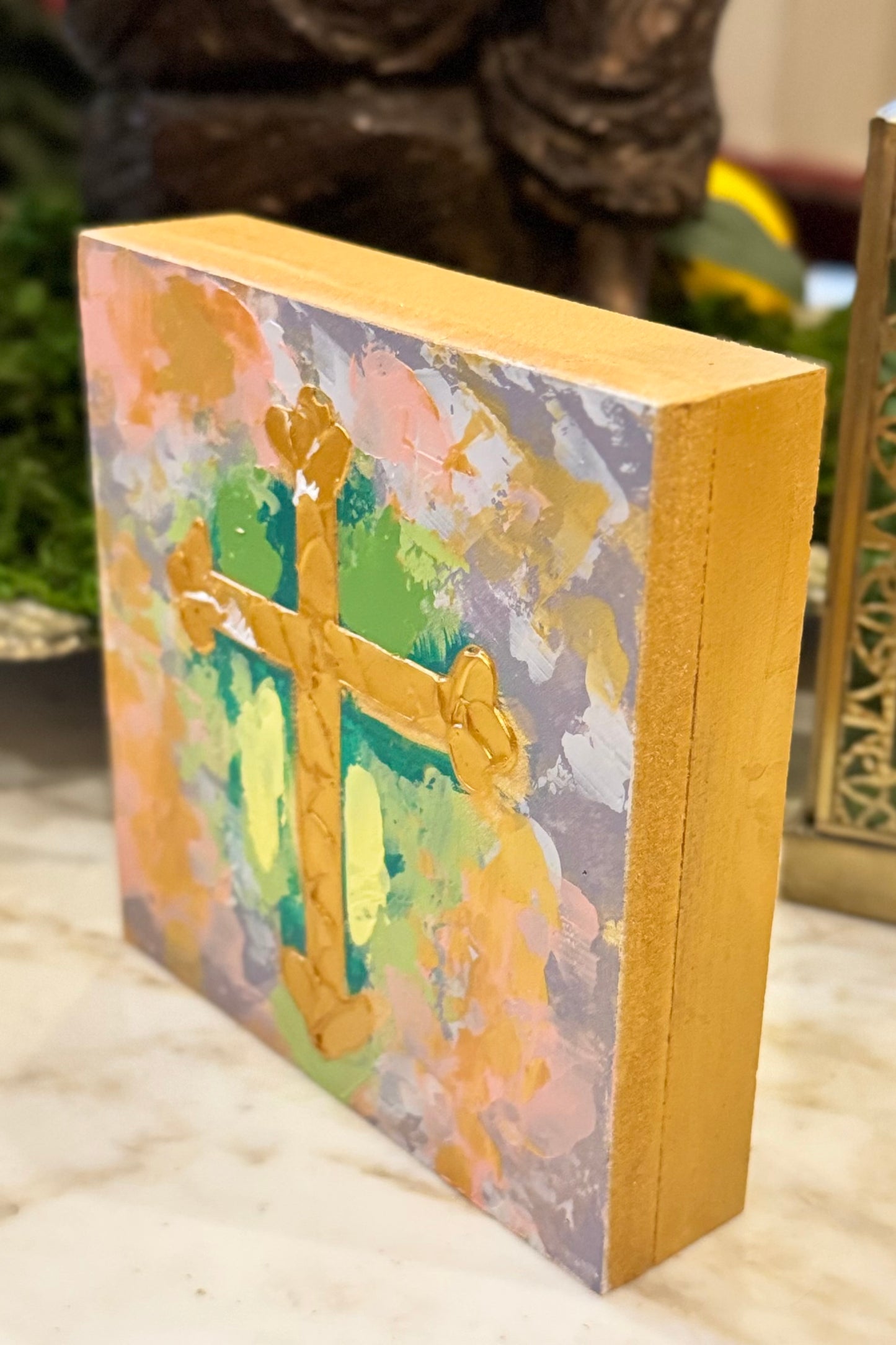 Golden Cross Wood Box Sign (Coral) by Candice Boatright