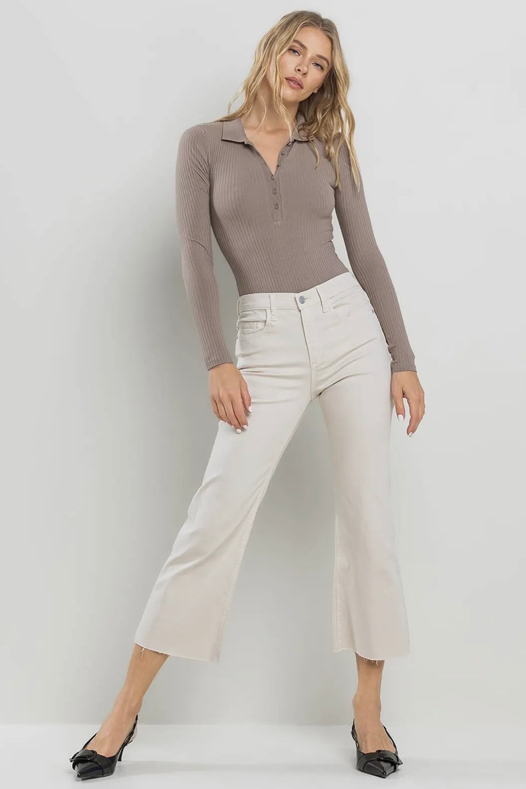 Winter White High Rise Cropped Kick Flare Jeans with Raw Cut Hem