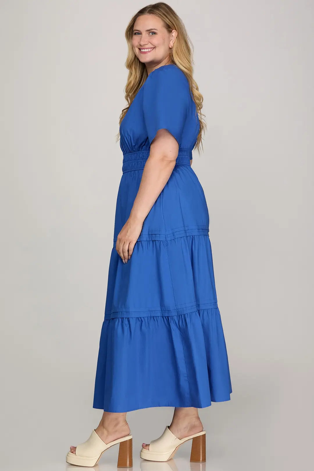 She + Sky Cobalt Blue Short Sleeve Tiered Midi Dress Small