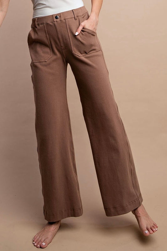 Mocha Brown Cotton Stretch Twill Wide Leg Pants