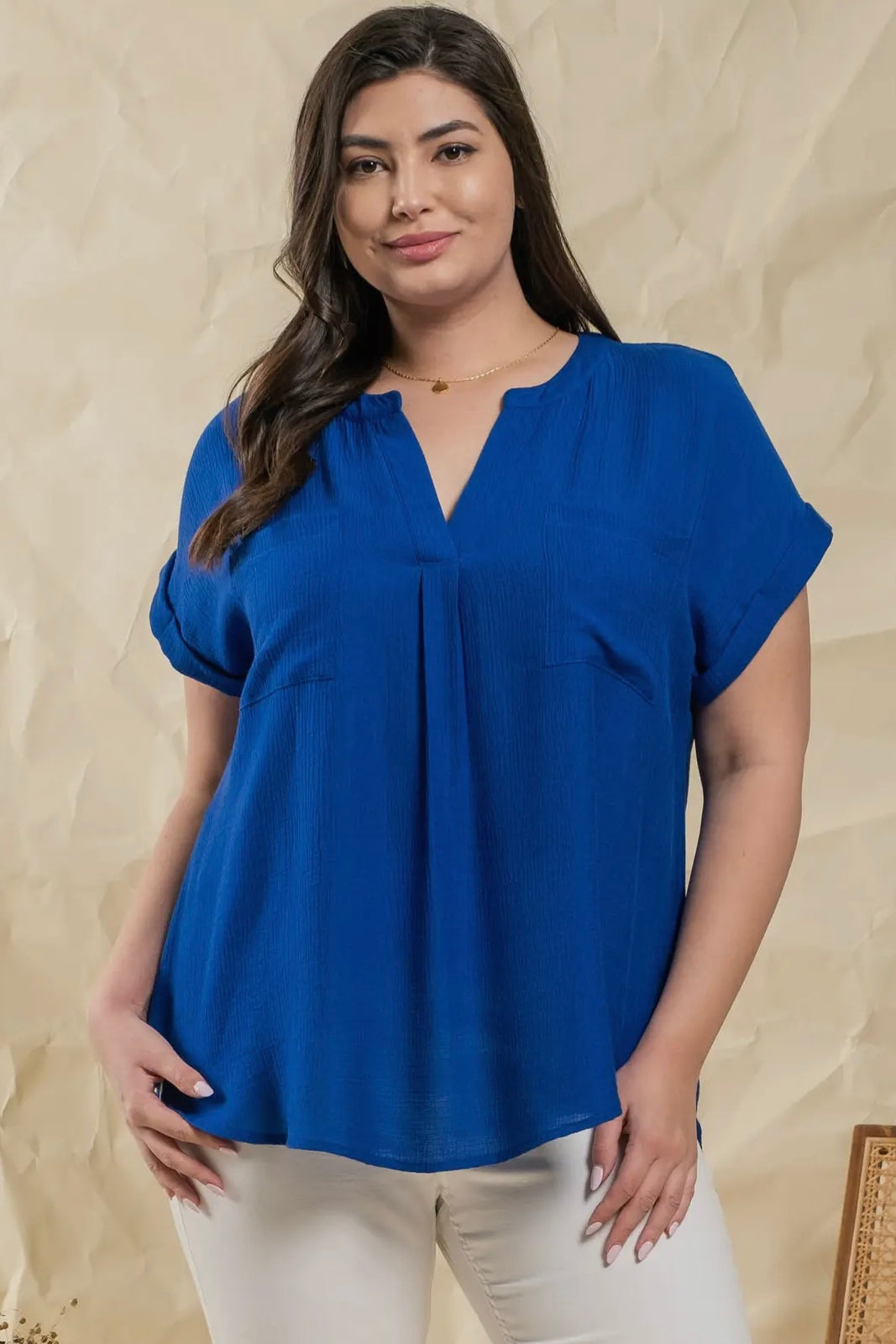 Royal Blue Plus Size Woven Top with Back Button Detail and Cuffed Sleeves