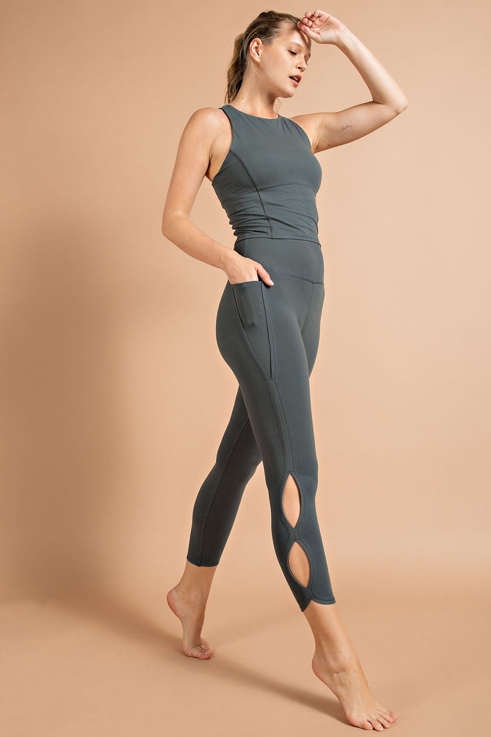 Smoked Spruce Butter Soft Cropped Yoga Leggings with Infinity Side Accent and Pockets