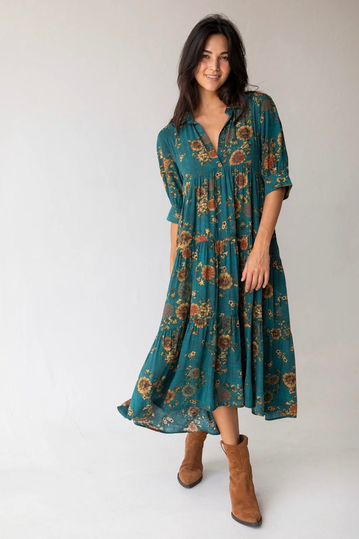 Natural Life Rebecca Midi Dress in Teal Orange Clusters