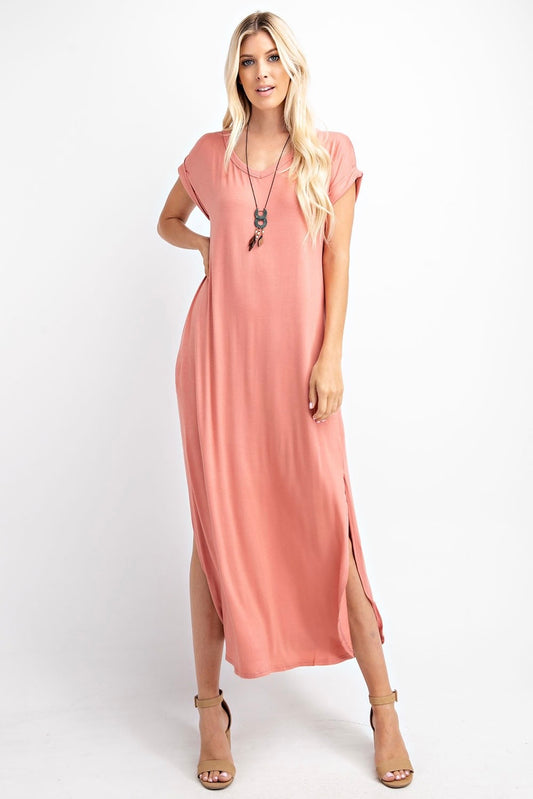 SALE! $20 Salmon Pink V Neck Maxi Dress with Pockets and Side Slits- reg. $32.99