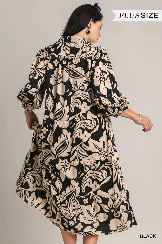 Umgee Black and Tan Floral Tiered Midi Dress with Collared Neck and 3/4 Sleeves