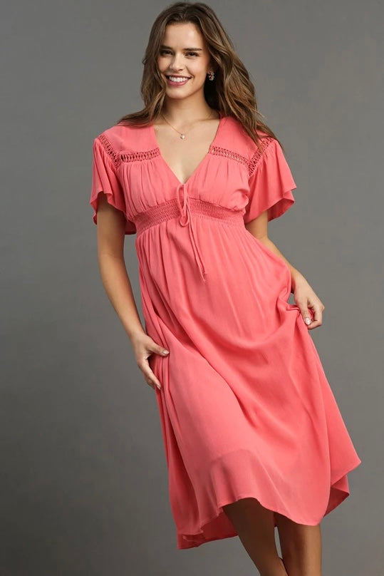 Umgee Coral Midi Dress with Smocking Details