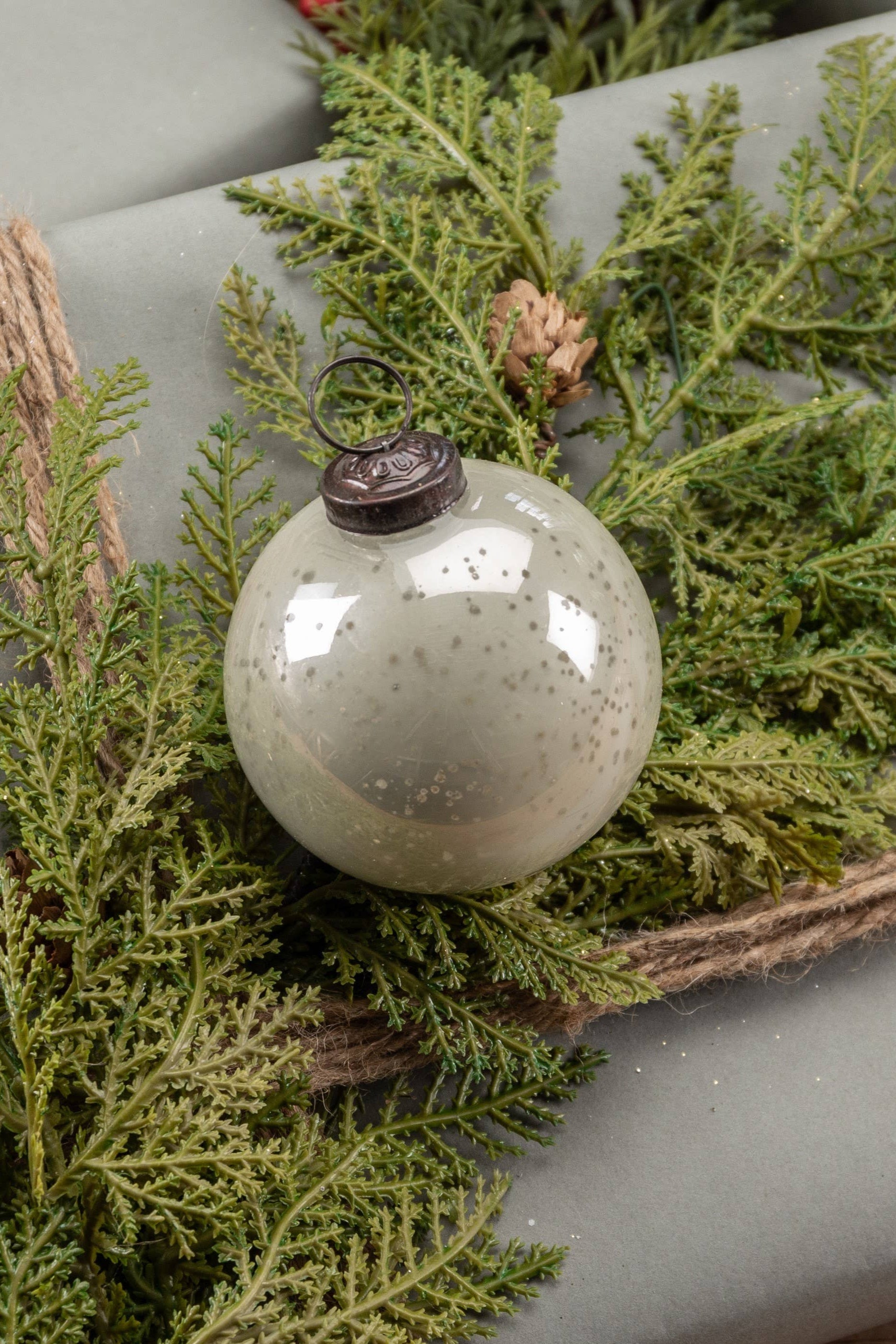 Decorative ornament on a green leafy branch with a wrapped gift in the background