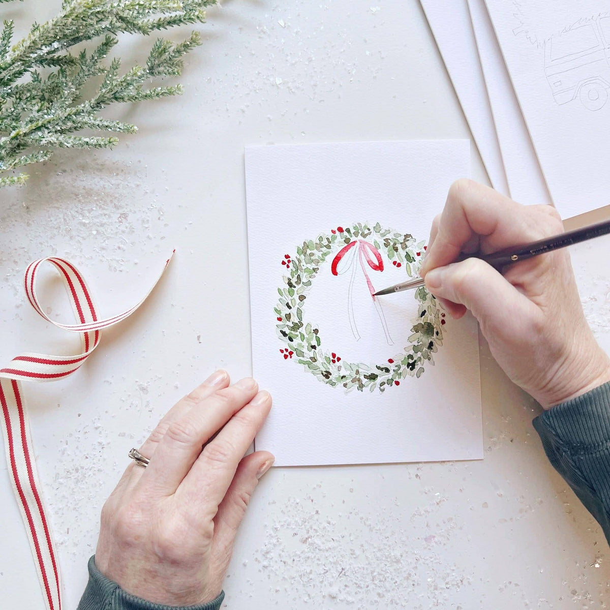 Christmas Cheer Paintable Watercolor Notecard Set of 8- Emily Lex Studio