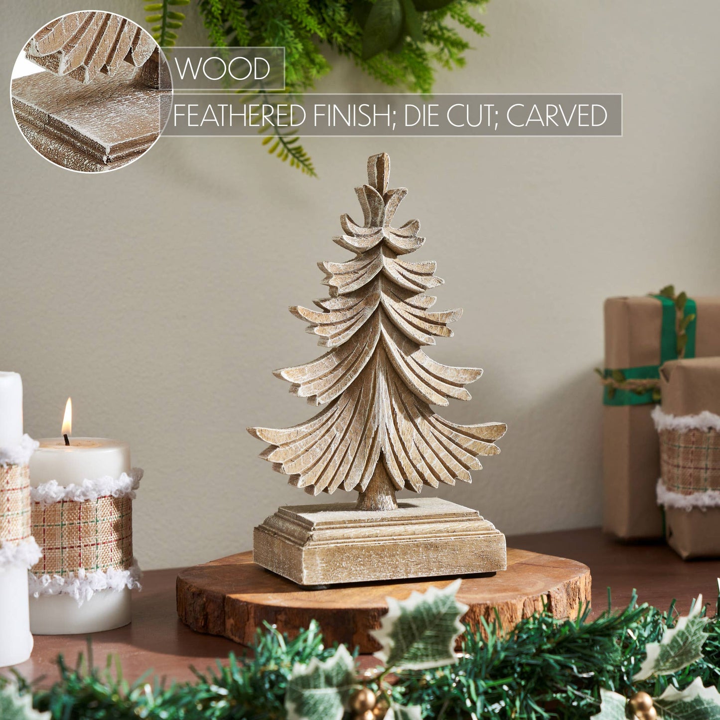 Feathered Finish Winter Pine Wooden Tree