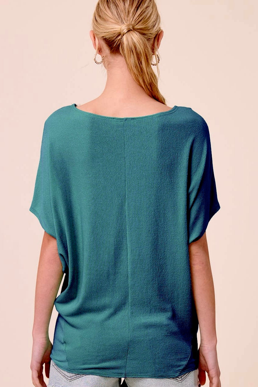 Charlotte Avery Teal Short Sleeve Crepe Hacci Oversized Dolman Top