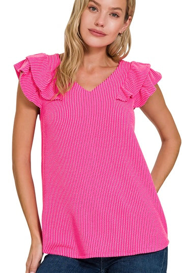 Zenana Hot  PInk Ribbed Mineral Washed Stretchy Top with Flutter Sleeve