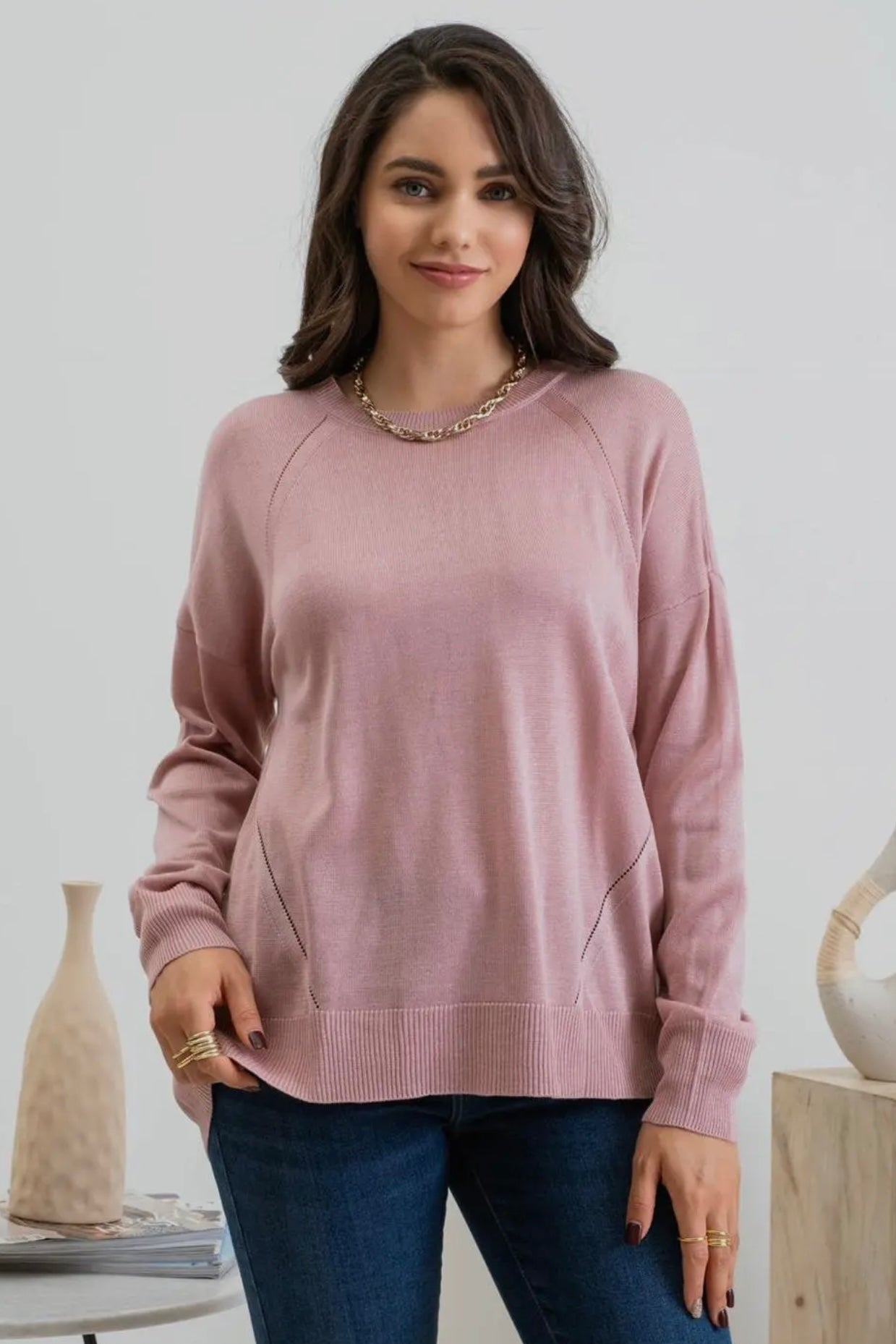 Round Neck Long Sleeve Button Back Sweater with High Low Hem