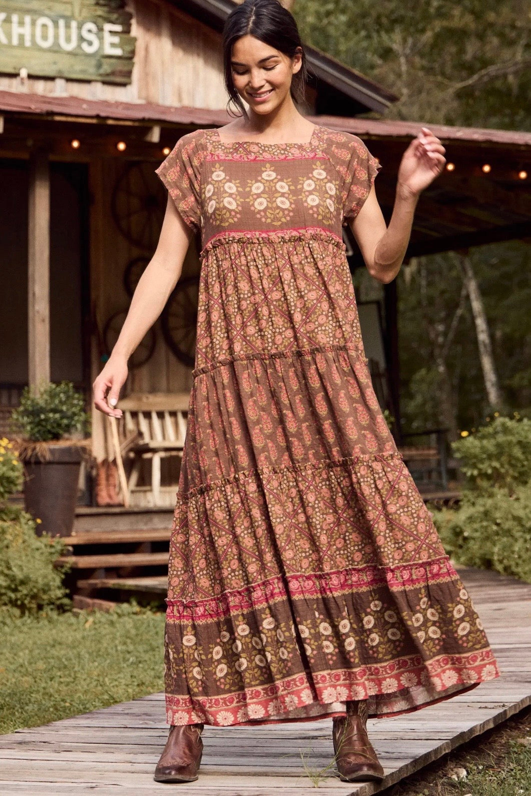Natural Life Berkley Maxi Dress- Chocolate Wildflower Tiles